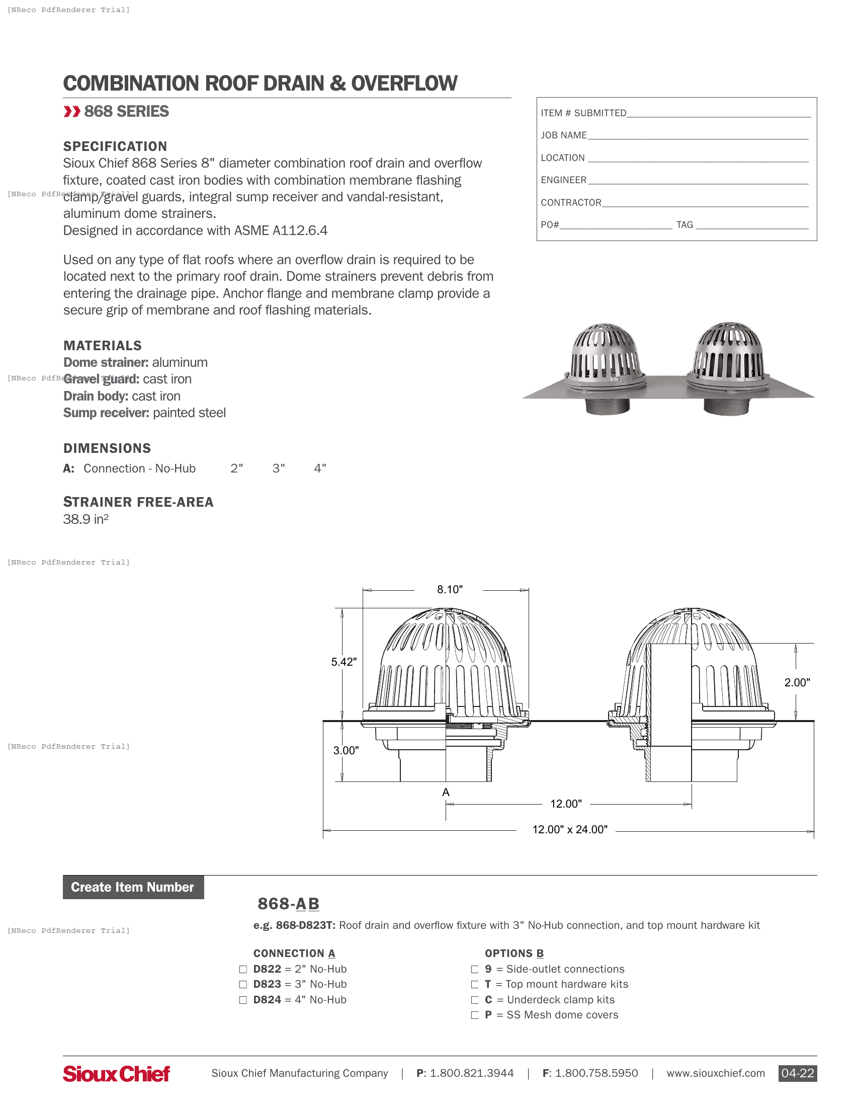 868-D82 SERIES - ROOF DRAIN & OVERFLOW - SPEC SHEET.PDF Specification Document